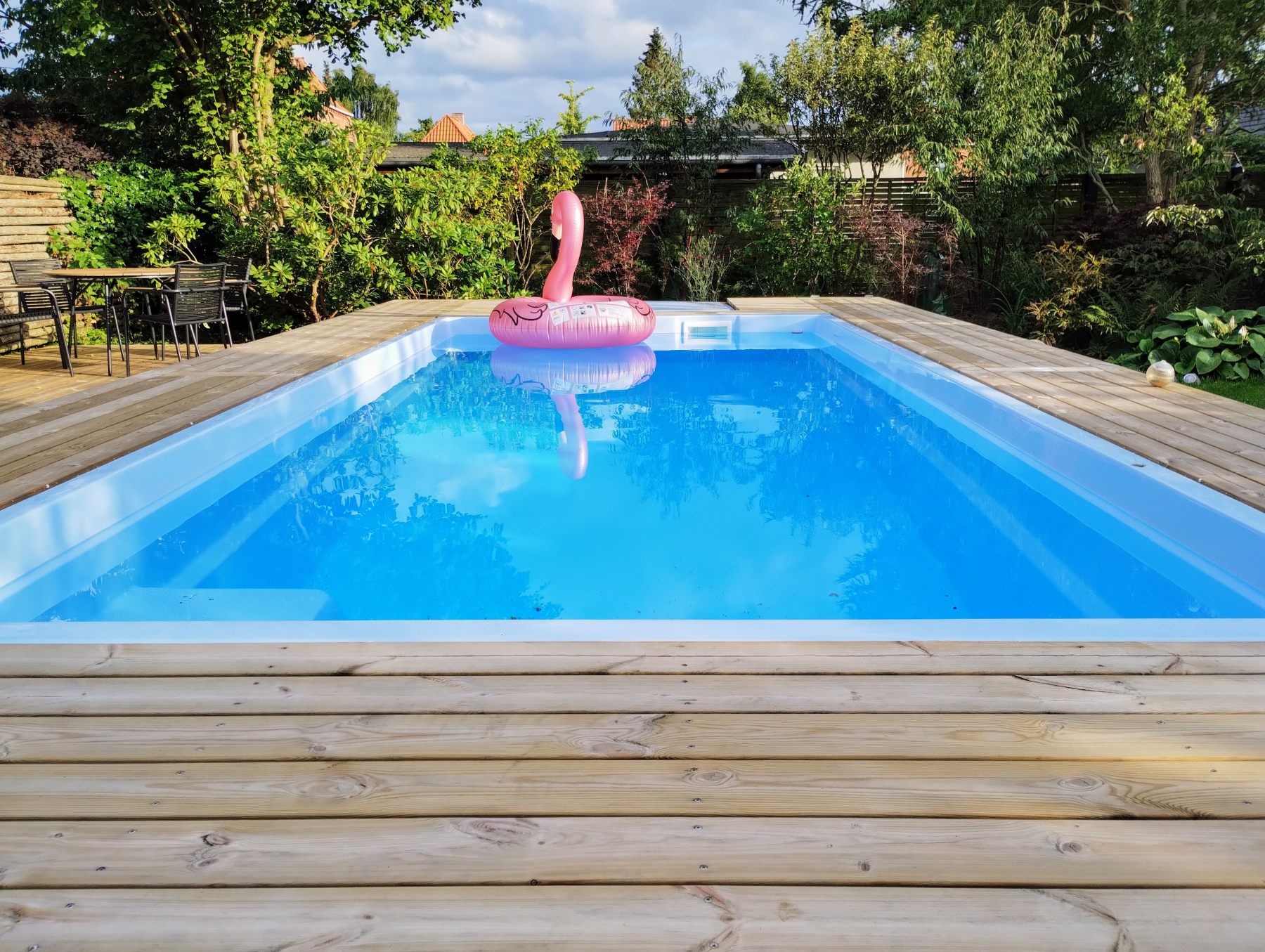 Færdig pool en sommerdag med flamingo-badering